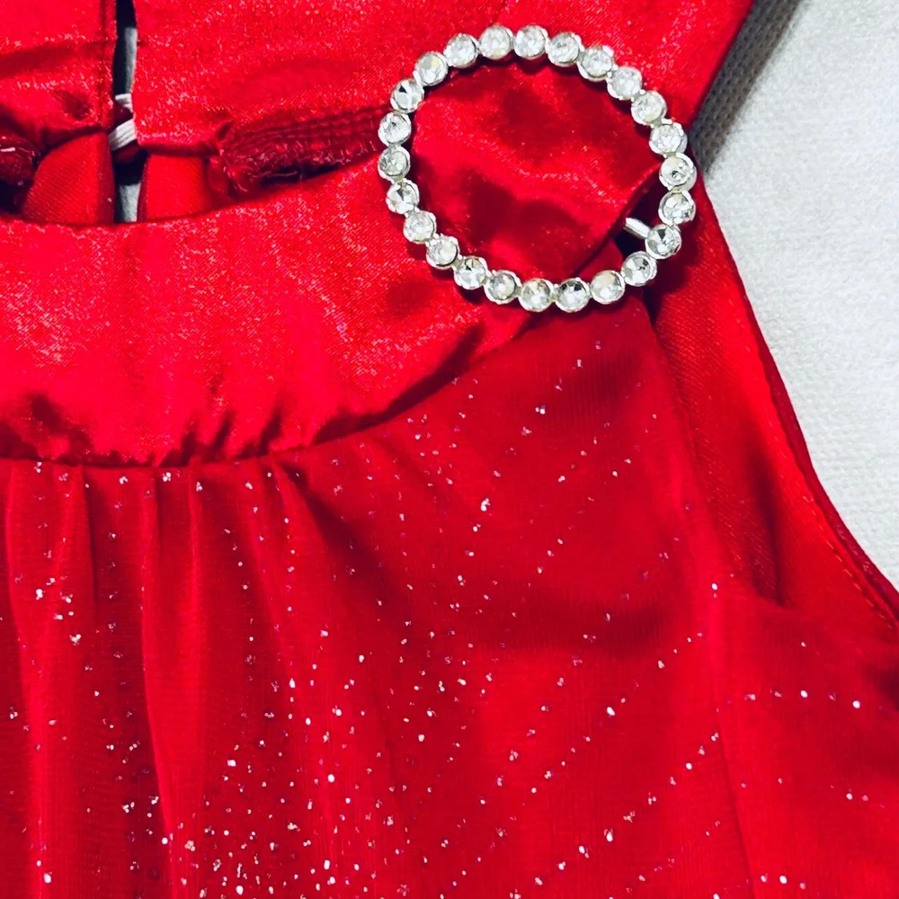 Kids Girls Red Sparkle Glitter Dress Size 4 Halter Jeweled‎ Buckle Holiday Party